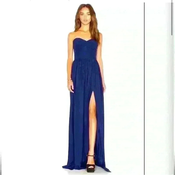 AMANDA UPRICHARD GISELE NAVY BLUE SILK MAXI DRESS GOWN STRAPLESS - Picture 1 of 10